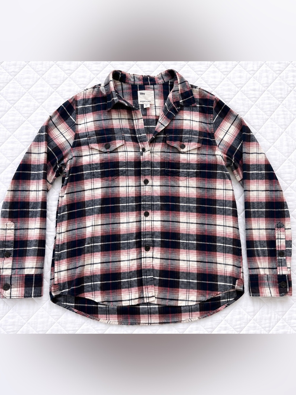 Tilley Organic Cotton Plaid Flannel Shirt Womens Large Pink Navy MC